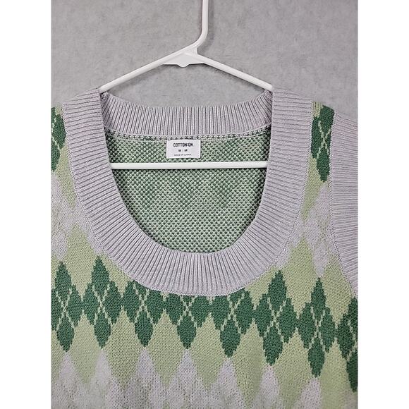 Cotton: On Gray Green Argyle Print Knit Crop Sweater Vest Women's Medium - Picture 3 of 12